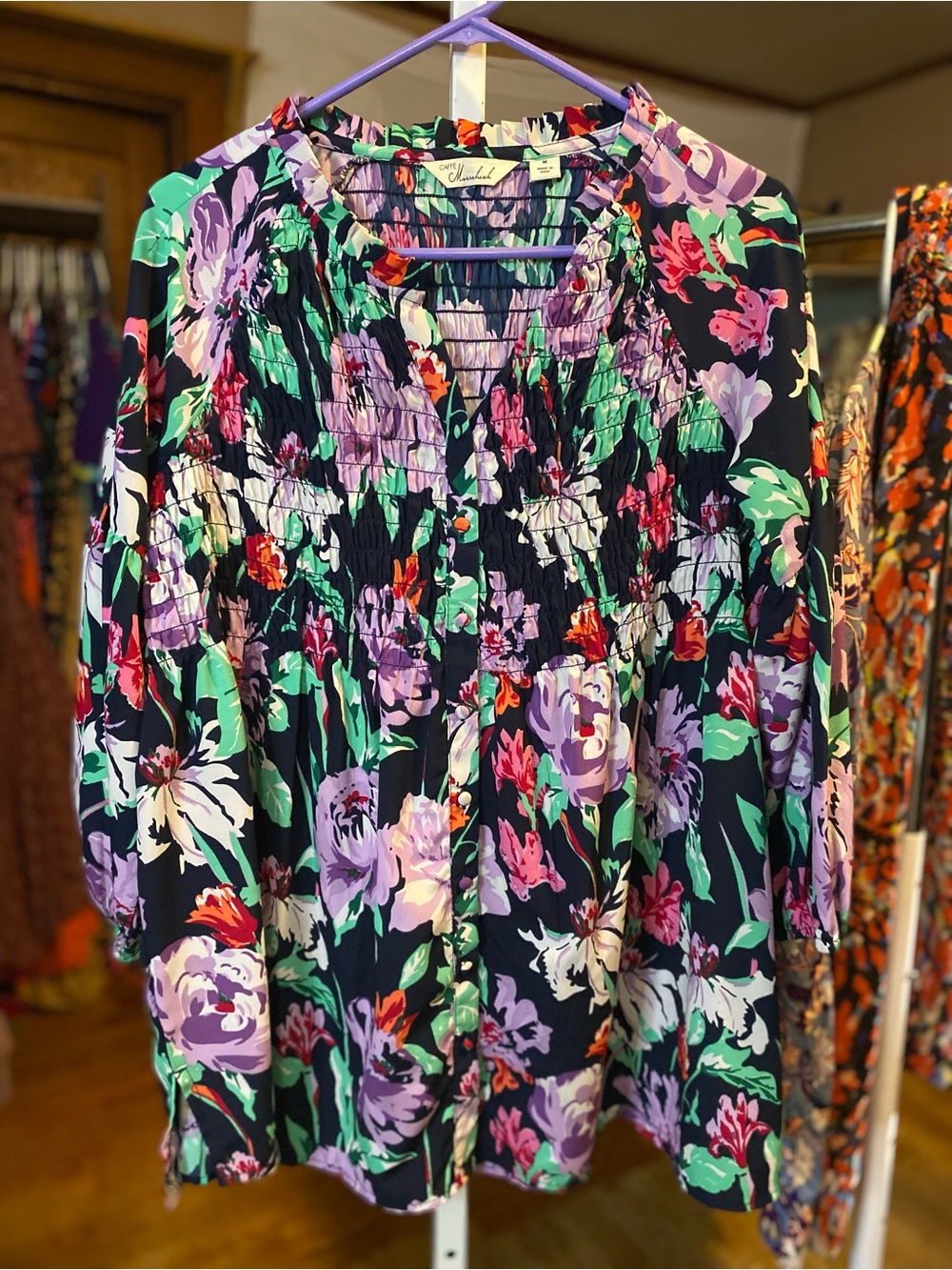 Floral Smocked V-Neck Blouse - Black with Purple & Green